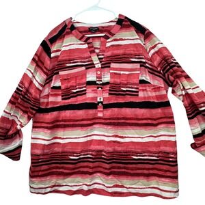 Notations Woman Blouse Womens 3X Red Striped Henley Roll Tab Sleeve Nautical